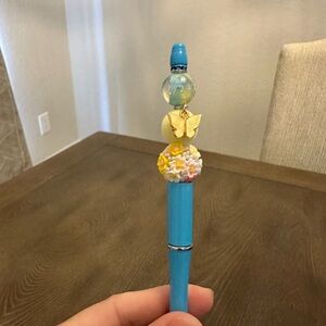 Flower and Butterfly Charm Blue‎ / Yellow Handmade Beaded Pen